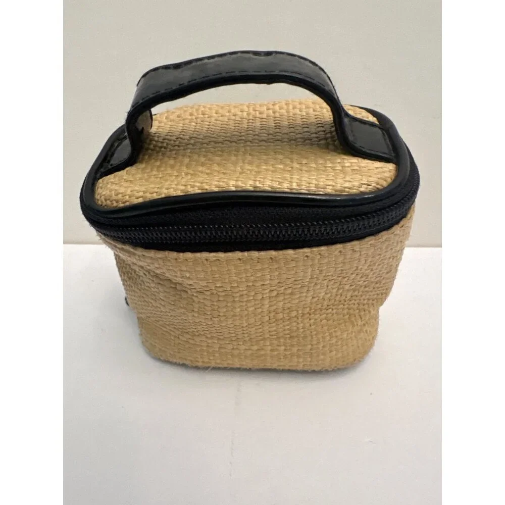 Stephanie Johnson Woven Cosmetic Bag With Black Trim & Handles 5”x3”x3” VGUC